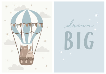 Fototapeta na wymiar Hand Drawn Set In Blue Color With Cute Bears Flying In Hot Air Balloon And Inspirational Quote ”Dream Big” Hand Lettering Graphic. Ideal For Nursery Wall Art.