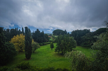 Scenic view of beautiful tuscan countryside garden in October 2022. Sovicille, Siena. Italy