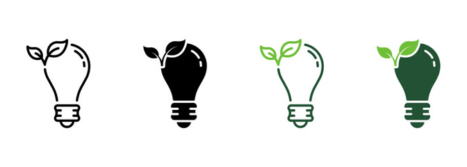 Eco Lightbulb Line and Silhouette Icon Set. Ecological Light Bulb. Ecology Electricity Lamp with Leaf Symbol Collection on White Background. Environment Conservation. Isolated Vector Illustration