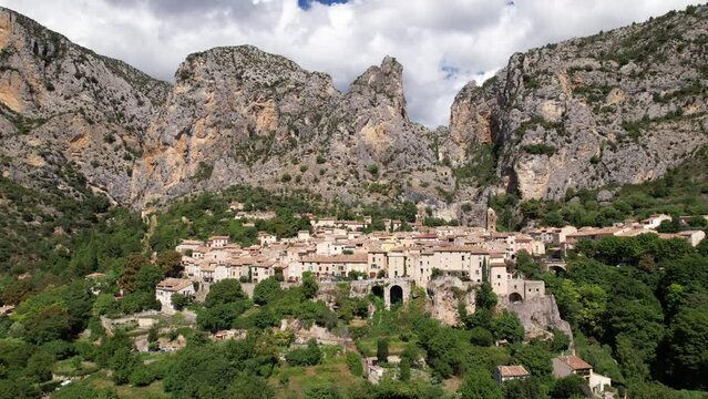 close view of Moustiers-Sainte-Marie, seen from above France sunny day 