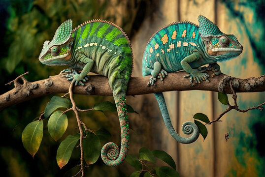 Here we see a pair of chameleons perched on a limb. color-changing chameleon in Zanzibar. Generative AI