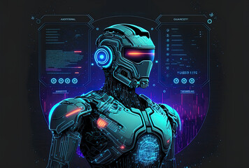 Artificial intelligence robot cyborg on holographic interface in a futuristic hud app interface. Generative AI