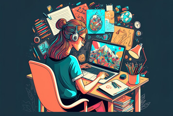 laptop in the hands writing emails, completing coursework online, and formulating a strategy while using a computer are all examples of desk activities that involve creativity. Generative AI
