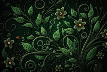 Background of a dark green wall with floral embellishment. Generative AI