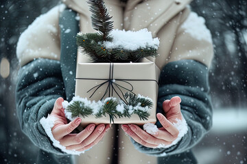 a person holding two wrapped presents in their hands in the snow - Gift packaging  - AI Generated