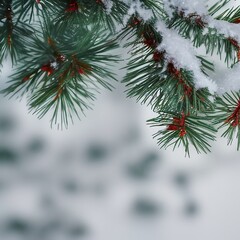 Pine tree background for Christmas decoration with snow and defocused lights, generative AI