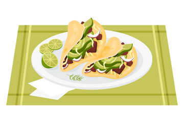 Mexican beef tacos with vegetables. Traditional popular Mexican dish crispy tortilla filled lies on plate with lime slices. Vector illustration of Latin American national dish for food menu design.