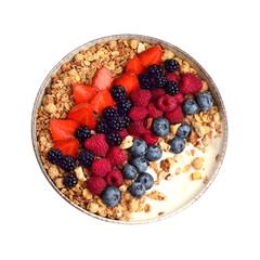 Bowl of healthy muesli with yogurt and berries isolated on white, top view