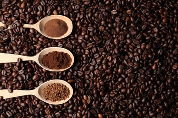 Spoons with different types of coffee on roasted beans, flat lay. Space for text