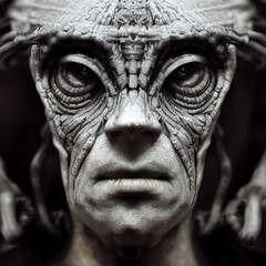 Alien portrait with snappy skin and scary face. Generative AI