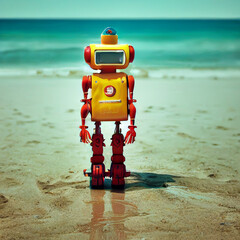 Robot on beach. Generative AI Art.