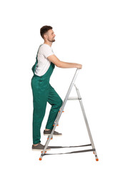 Fototapeta na wymiar Worker in uniform climbing up metal ladder on white background
