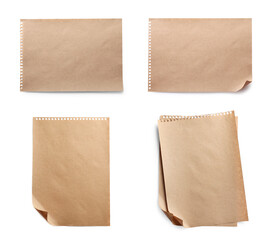 Set with blank kraft paper sheets on white background, top view