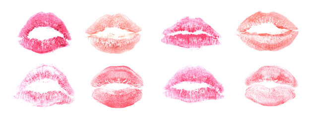 Set with lipstick kiss marks on white background, top view. Banner design