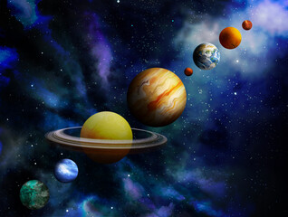 Fototapeta na wymiar Many different planets and stars in open space, illustration
