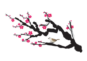 水墨画風の梅の花のうぐいすのイラスト