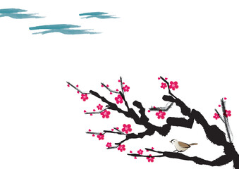 水墨画風の梅の花の背景イラスト01