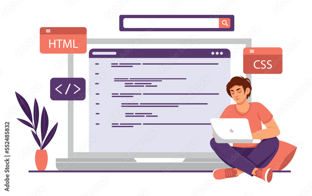 Poster web developer concept. young guy with laptop writes code, develops programs and applications. progra