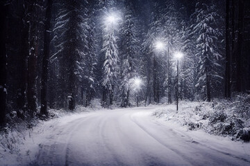 Obraz premium winter road in the forest with lights
