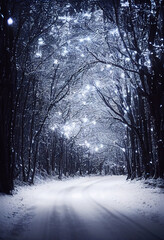 winter road in the forest with lights