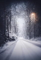 Obraz premium winter road in the forest with lights