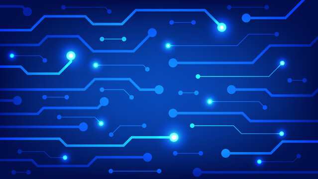 Hi Tech Digital Circuit Board. AI Pad And Electrical Lines Connected On Blue Lighting Background. Futuristic Technology Design Element Concept