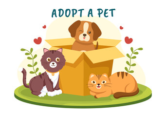 Adopt a Pet From an Animal Shelter in the Form of Cats or Dogs to Care for and Look After in Flat Cartoon Hand Drawn Templates Illustration