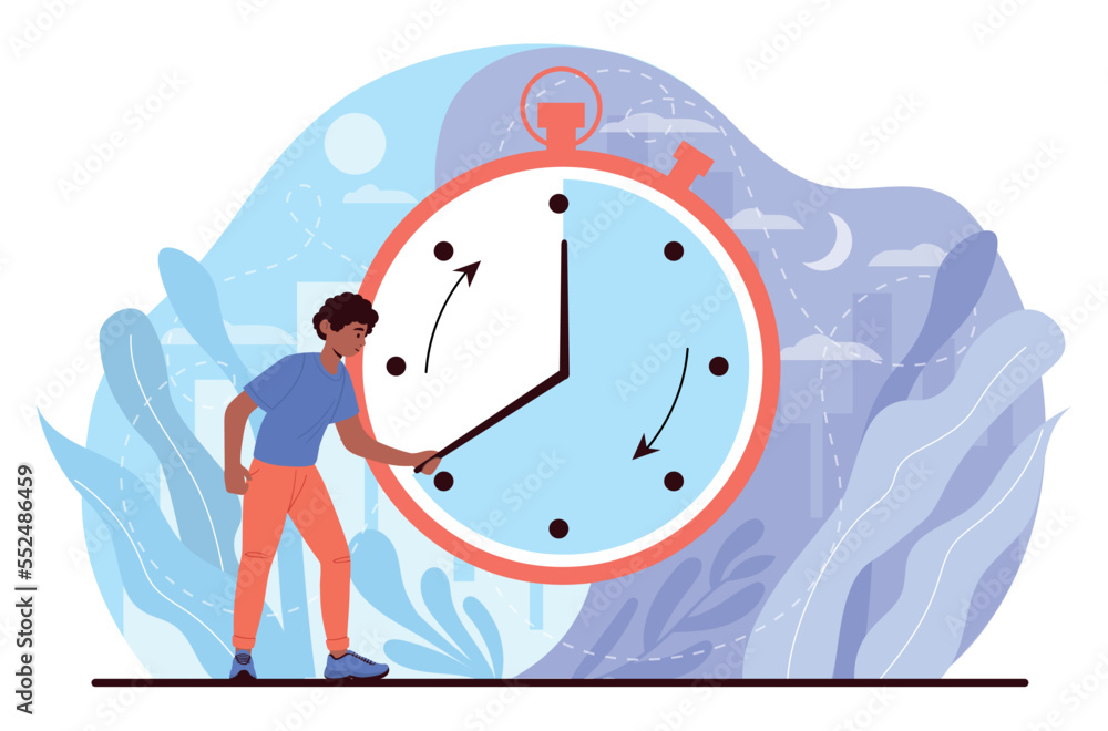 Poster man managing time. young person stands next to clock, organizes efficient workflow. prioritization, 