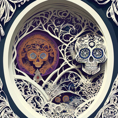 Papercut illustration of A dia de los muertos themed surrealist skull girl art 