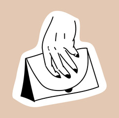 Female hand with bag icon. Fashion, trend and style. Model for trendy magazine. Aesthetics, elegance and beauty. Poster or banner for website. Wrist with baggage. Cartoon flat vector illustration