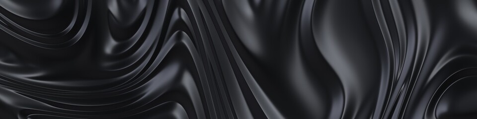 Fototapeta premium Wide silk black wavy banner background with glossy finish. 3D Rendering.