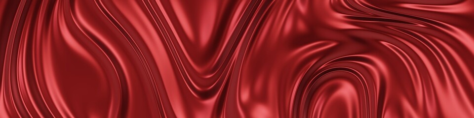 Wide silk red wavy banner background with glossy finish. 3D Rendering.