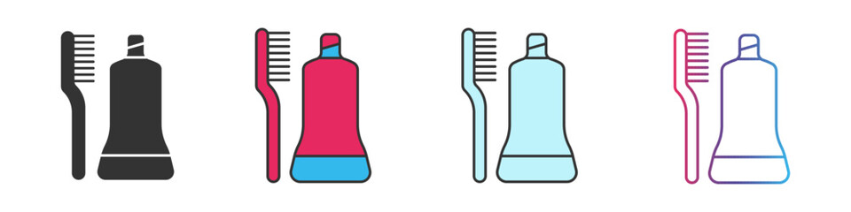 Toothbrush and toothpaste different style icons set. Outline and filled vector sign.