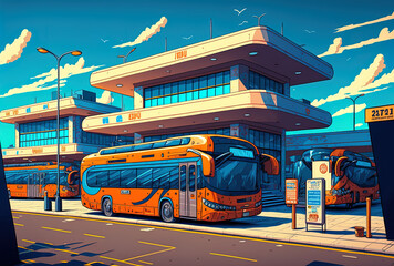Bus station in a city with structures. Generative AI - obrazy, fototapety, plakaty