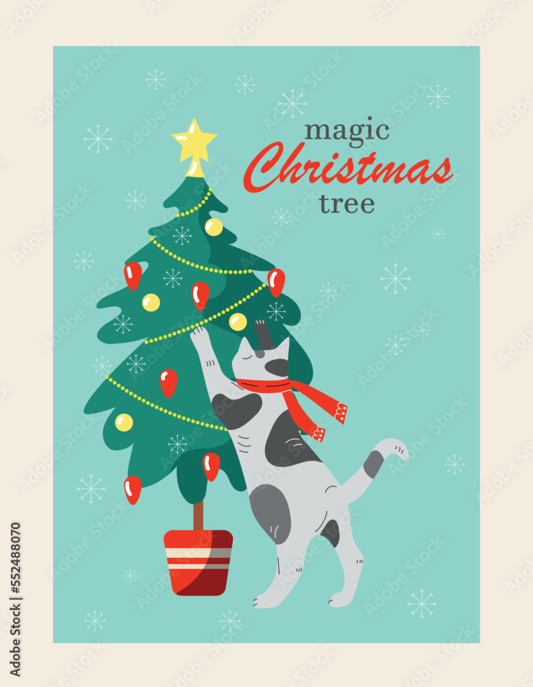 Poster cat with christmas tree. charming character played with ball on branch. design for greeting and invi