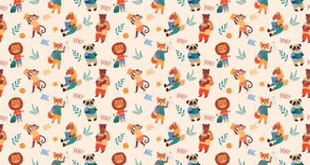Charming animal seamless pattern. Repeating design element for printing on fabric. Foxes, pandas, bears and lions with textbooks and backpacks. Education and training. Cartoon flat vector illustration