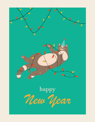 Christmas cat with garland. Playful and active kitten in hat looks at decorations for apartment and house. Symbol of winter holidays, New Year and Christmas. Cartoon flat vector illustration