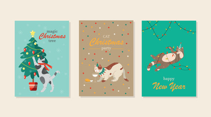 Cats copy cards set. Collection of posters or banners for website. Greeting postcard design for New Year and Christmas, winter holidays. Cartoon flat vector illustrations isolated on white background