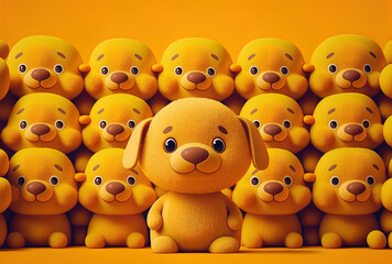 Rows of adorable yellow backgrounds with orange toy dog characters. Generative AI