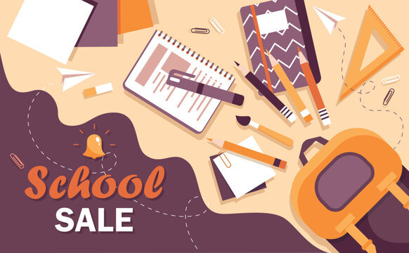 Back to school sale. Advertising poster or banner for website. Special offers for knowledge day, international holiday. Pencils and markers with ruler and notebook. Cartoon flat vector illustration