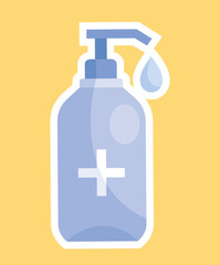 Antibacterial gel icon. Special bottle of soap for washing hands, disinfection and fighting viruses. Protection against covid 19, coronavirus. Poster or banner. Cartoon flat vector illustration