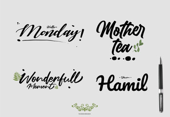 Hand-drawn calligraphy: Monday, Mother tea, Wonderfull moment. Beautiful lettering design for traditional holiday greeting card, banner or poster. - Vector illustration