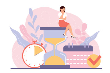Woman passes time. Young girl sitting on clock next to calendar. Time management and organization of efficient workflow. Goal setting and motivation concept. Cartoon flat vector illustration