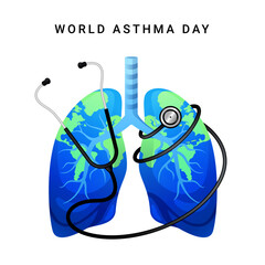 World asthma day, vector concept of world lungs and realistic stethoscope