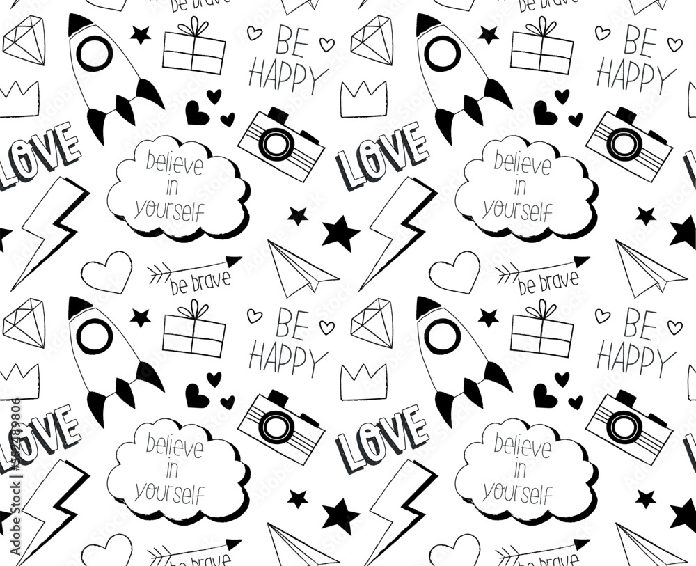 Poster doodle seamless pattern. repeating design element for printing on fabric. collection of stickers for