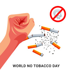 World no tobacco day, illustration of a man's hand destroying a cigarette, smoking cessation campaign