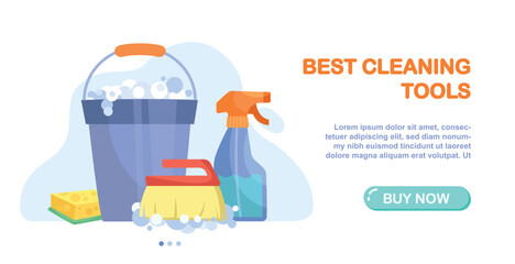 Fototapeta premium Cleaning landing page. Technical support and programming, website setup. Modern technologies and digital world. Cleanliness and hygiene. Poster or banner for website. Cartoon flat vector illustration
