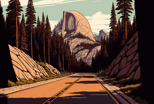Road in California's Yosemite National Park. Generative AI