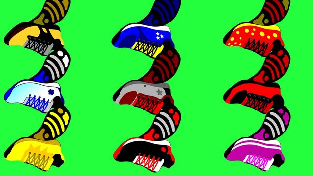 Animated shoes with various shapes and colors, suitable for an online shoe store advertising background