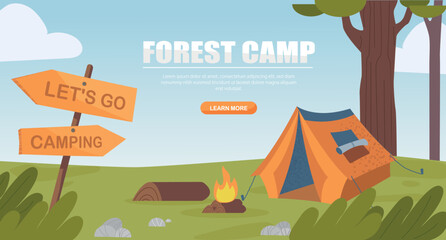 Camping banner concept. Active lifestyle and hiking. Orange tent with bonfire and outdoor recreation in forest. Advertising poster or banner.